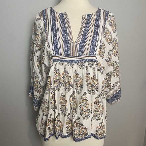 Lucky Brand Boho Floral Striped Peasant Top Viscose Blouse - Size M - Picture 1 of 8